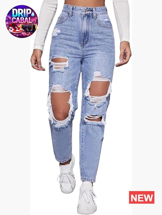 Denim - High Waist Boyfriend Straight Leg Ripped Jeans Distressed Denim